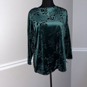 Hunter‎ Green Velvet Burnout Floral Top Size M Christmas Holiday Party Blouse